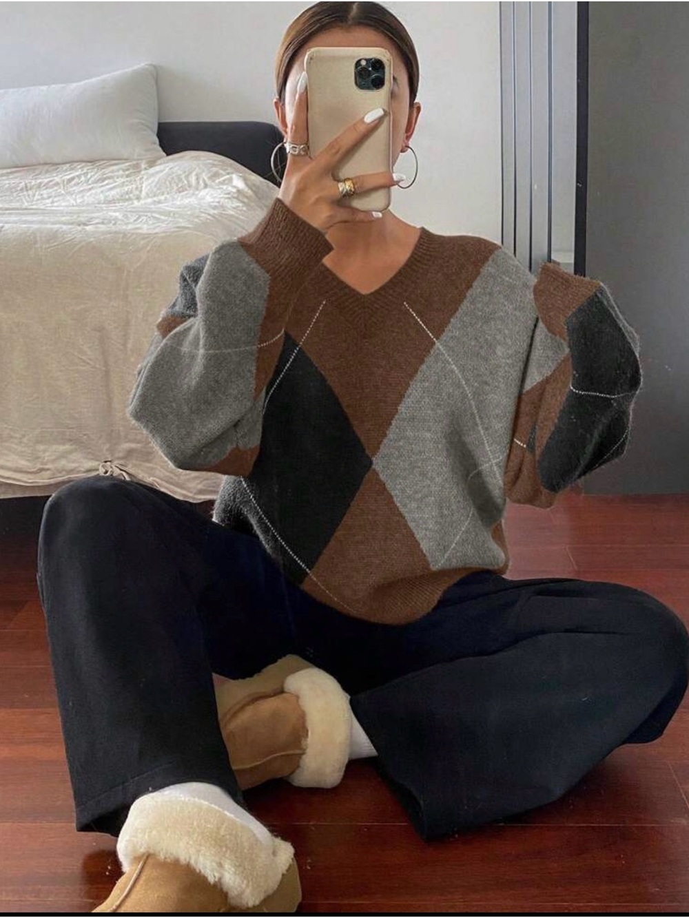 Brown & Gray Argyle V-Neck Sweater